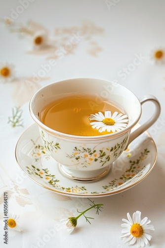 A steaming hot cup of tea accompanied by fresh daisies on a saucer © Fotograf