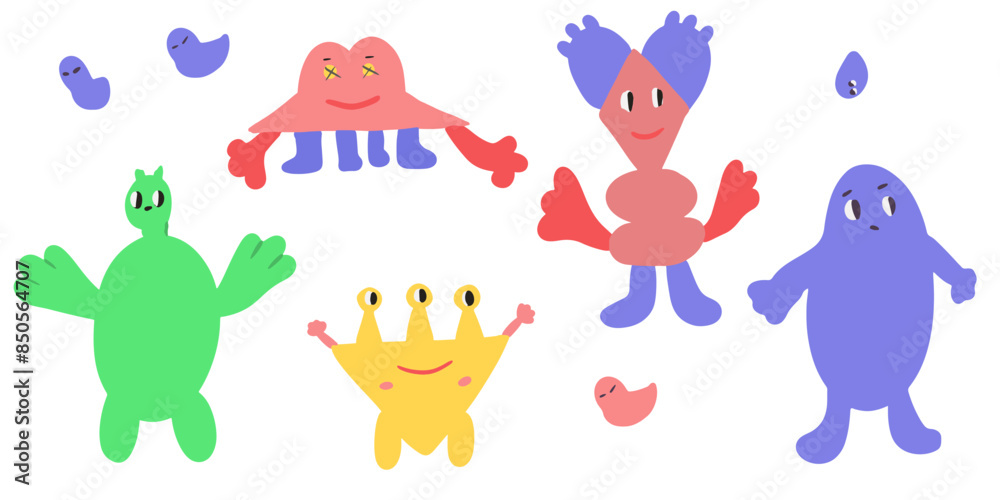 Fototapeta premium Set of colored monsters kid isolated. Set of cute monsters with happy face emotions. Bizzare kind characters in flat style. Adorable childish creatures in pastel colors. Hand drawn comic beasts isolat