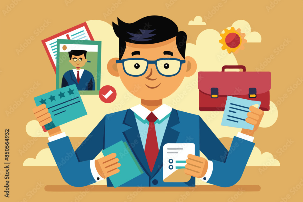 Cartoon illustration of a happy businessman holding various job offer documents, Job offers Customizable Cartoon Illustration Cartoon illustration of a happy businessman holding various job offer documents, Job offers Customizable Cartoon Illustration