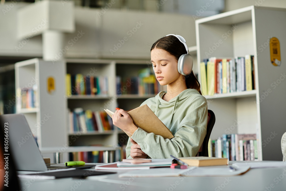 A teenage girl with headphones sits at a desk in a library, immersed in doing homework on her laptop after school. A teenage girl with headphones sits at a desk in a library, immersed in doing homework on her laptop after school.