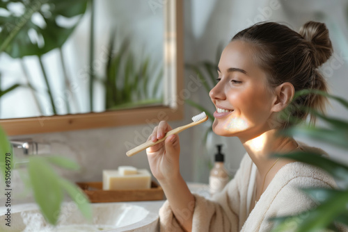 A woman starts her day at home by brushing her teeth as part of her health and wellness routine, using a bamboo toothbrush and a bar of soap. Ideal for promoting sustainable personal care photo