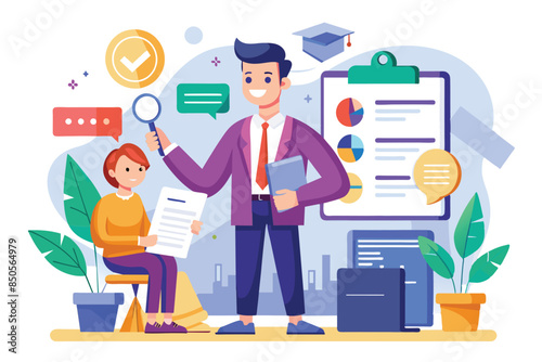 A businessman presents a job offer contract to an applicant while standing in an office setting, Job offers Customizable Flat Illustration