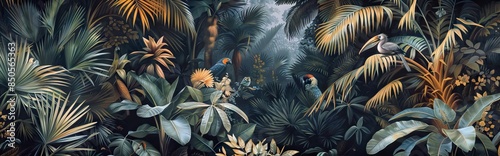 Illustration of tropical wallpaper print design with palm banana leaves and exotic birds on canvas texture. Tropical plants and birds on textured background. AI generated illustration