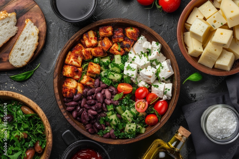 Mediterranean bowl with grilled halloumi, beans, and fresh vegetables