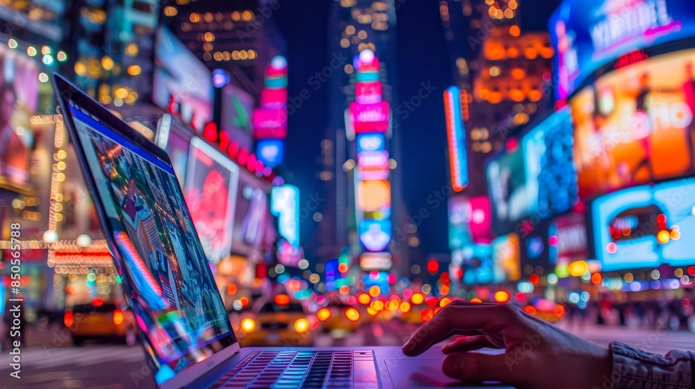 Obraz premium Seamless fusion hand on laptop, city live stream tech and entertainment blend