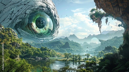 Futuristic alien with one eye, in a 5000 AD world of selfevolved nature, free from technology The scene blends advanced natural culture and pristine landscapes.,