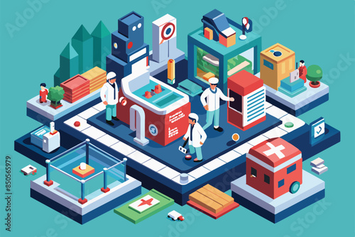 A detailed isometric illustration depicting a medical care facility with staff and various equipment, Medical care Customizable Isometric Illustration