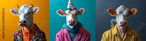 3 different cow characters dressed in colorful