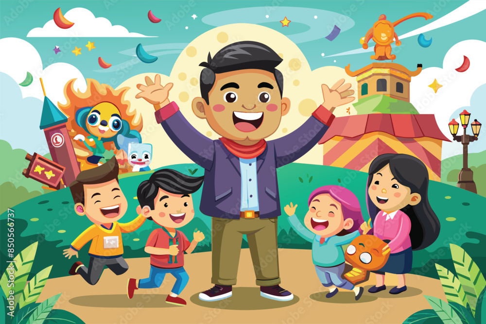 A cheerful family enjoys a day at the amusement park, surrounded by colorful attractions and playful characters, Moment to remember Customizable Cartoon Illustration A cheerful family enjoys a day at the amusement park, surrounded by colorful attractions and playful characters, Moment to remember Customizable Cartoon Illustration