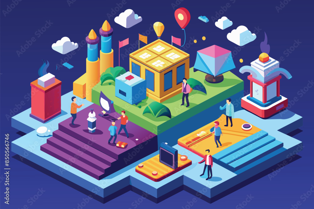 Isometric illustration of a city with various buildings, people, and other details, Moment to remember Customizable Isometric Illustration Isometric illustration of a city with various buildings, people, and other details, Moment to remember Customizable Isometric Illustration