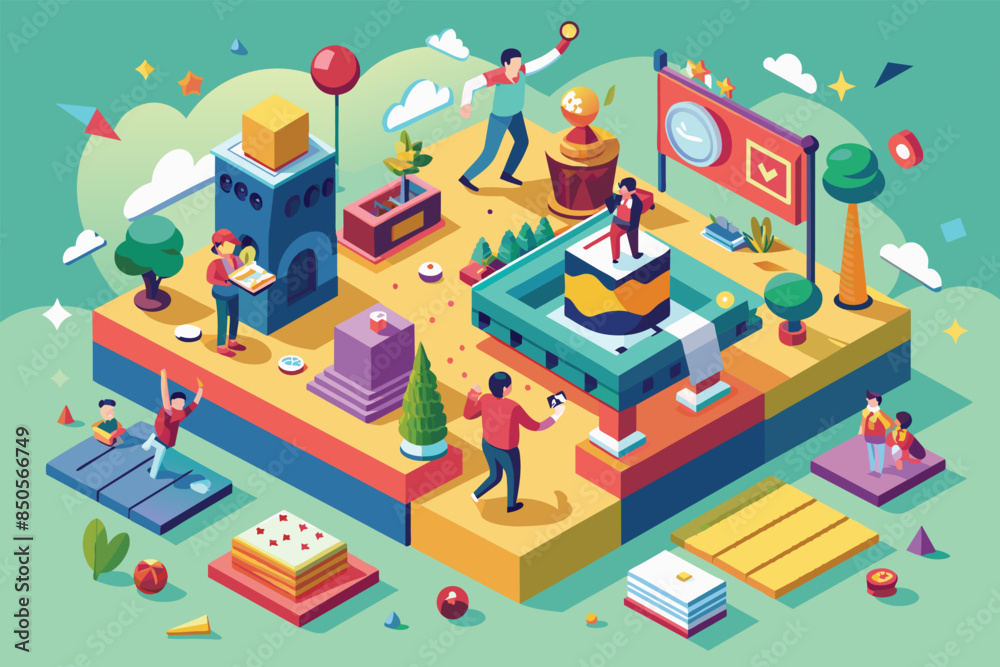 An isometric illustration of a colorful cityscape with buildings, trees, and people, Moment to remember Customizable Isometric Illustration