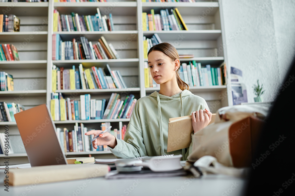 A teenage girl sits at a desk, working on her laptop amidst a backdrop of a bookcase in a modern education setting. A teenage girl sits at a desk, working on her laptop amidst a backdrop of a bookcase in a modern education setting.
