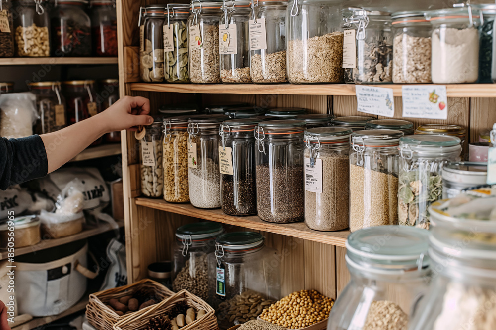 A person reaching into a pantry filled with jars of food and ingredients. Ideal for promoting a zero waste pantry with bulk storage options. A person reaching into a pantry filled with jars of food and ingredients. Ideal for promoting a zero waste pantry with bulk storage options.