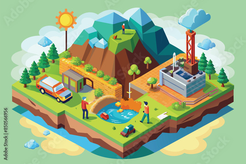 Isometric display showing resource depletion: factory, shrinking lake, and mountain range, Natural resource depletion Customizable Isometric Illustration