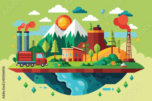 Factory and oil derrick polluting air in mountainous terrain suggests resource depletion, Natural resource depletion Customizable Semi Flat Illustration