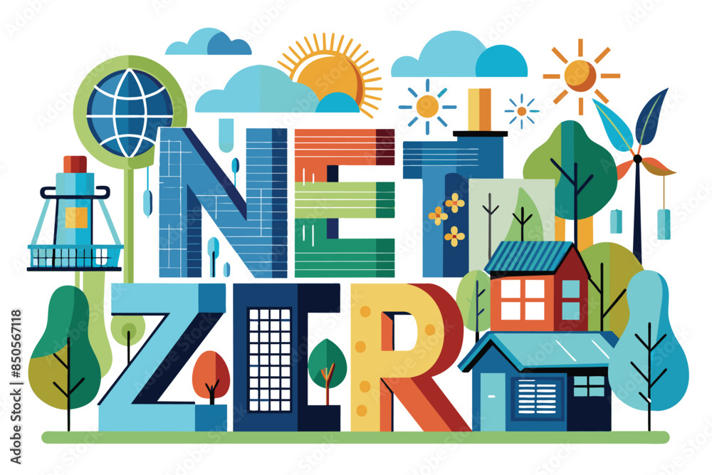 Naklejka premium An illustration of the word NET ZERO with houses, trees, and a wind turbine, Net zero Customizable Disproportionate Illustration