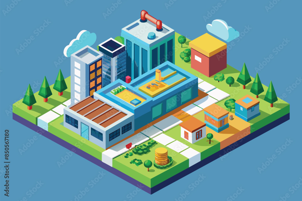 Isometric illustration of a city block with green spaces, buildings, and solar panels, Net zero Customizable Isometric Illustration Isometric illustration of a city block with green spaces, buildings, and solar panels, Net zero Customizable Isometric Illustration