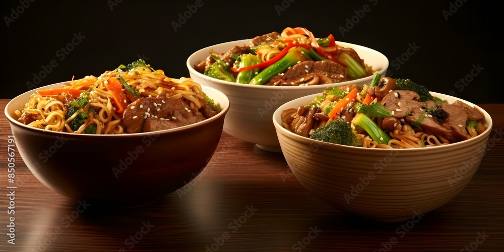Assorted stirfry noodles vegetables and beef in bowls isolated on white background. Concept Food Photography, Stir-Fry Noodles, Vegetable Stir-Fry, Beef Dishes, White Background Assorted stirfry noodles vegetables and beef in bowls isolated on white background. Concept Food Photography, Stir-Fry Noodles, Vegetable Stir-Fry, Beef Dishes, White Background