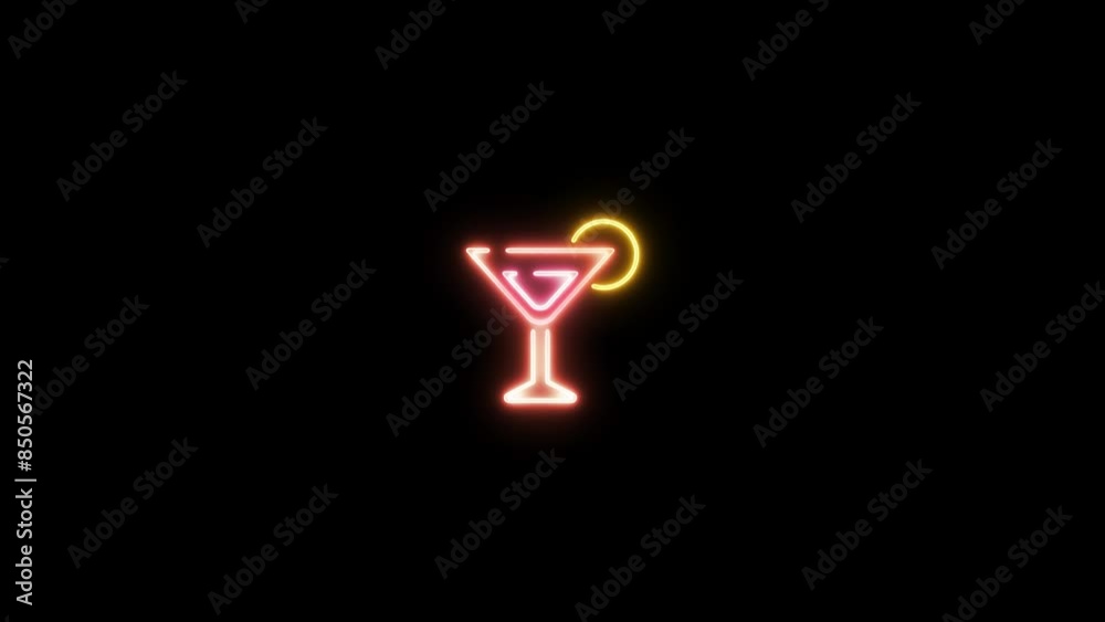 Neon sign in wineglass shape motion graphic with alpha channel. Red glass of wine with yellow lemon neon light turn on and turn off isolated icon animated on transparent background. Neon sign in wineglass shape motion graphic with alpha channel. Red glass of wine with yellow lemon neon light turn on and turn off isolated icon animated on transparent background.