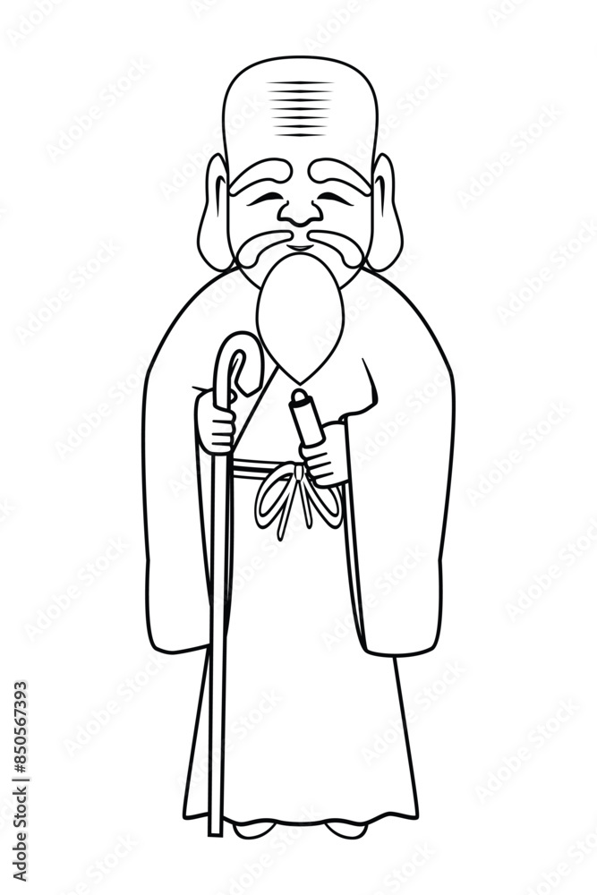 Line art vector fukurokuju Japanese god of happiness and wealth in ...