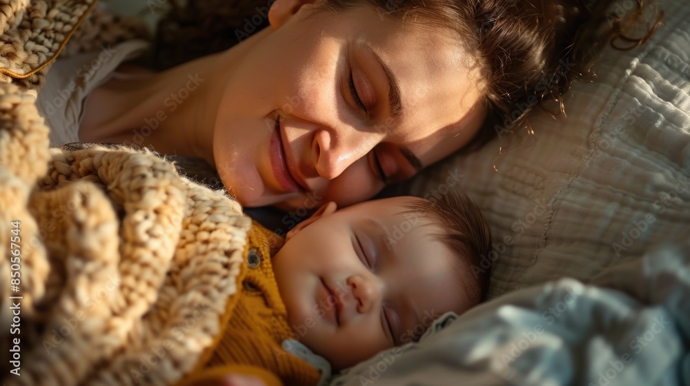 Mother and newborn baby sleeping together, a moment of intimacy and love Mother and newborn baby sleeping together, a moment of intimacy and love