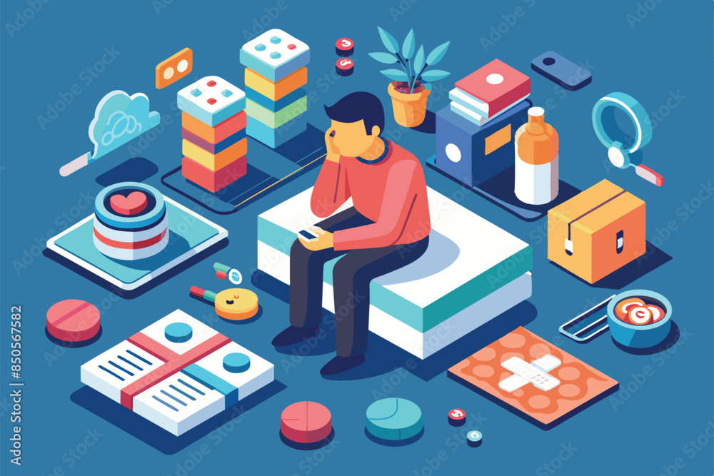 Fototapeta premium Isometric illustration depicting a person experiencing obsessive-compulsive disorder, Obsessive compulsive disorder Customizable Isometric Illustration