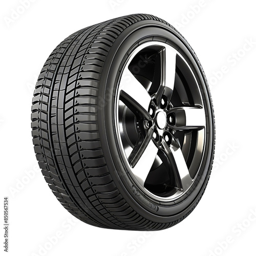 Black rubber car wheel tire object isolated on transparent background. Automobile transport part equipment, tyre with silver metal, steel or aluminum rim