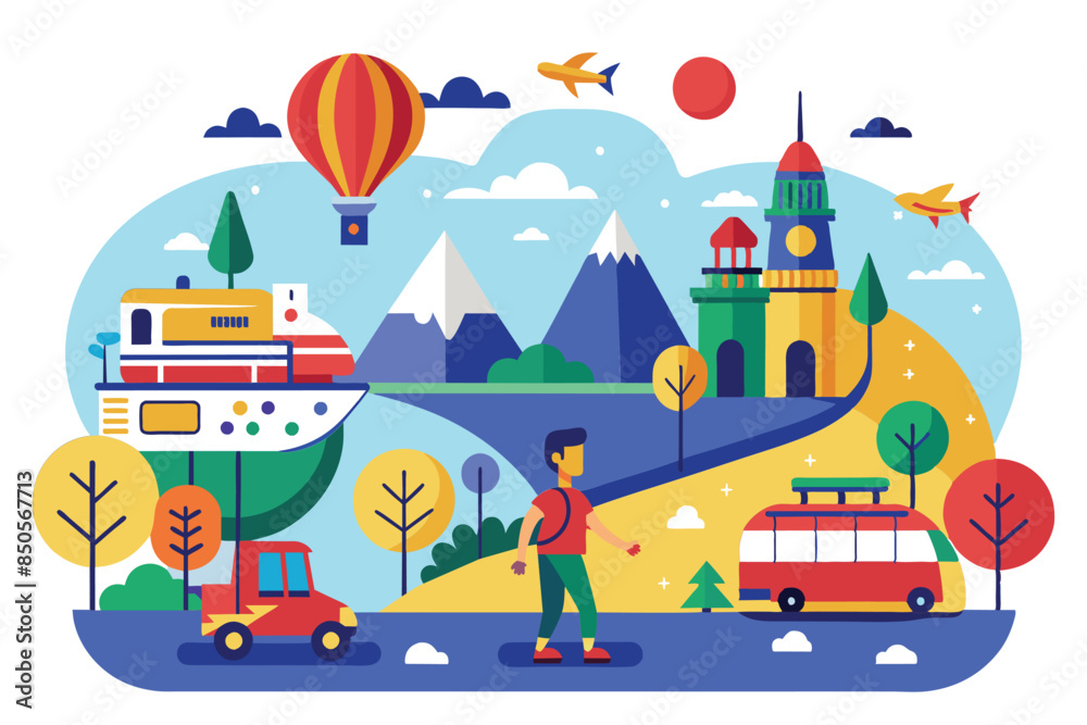 Fototapeta premium Cartoon man walks past colorful bus, car, & unique boat-shaped building in vibrant landscape, On the way Customizable Disproportionate Illustration