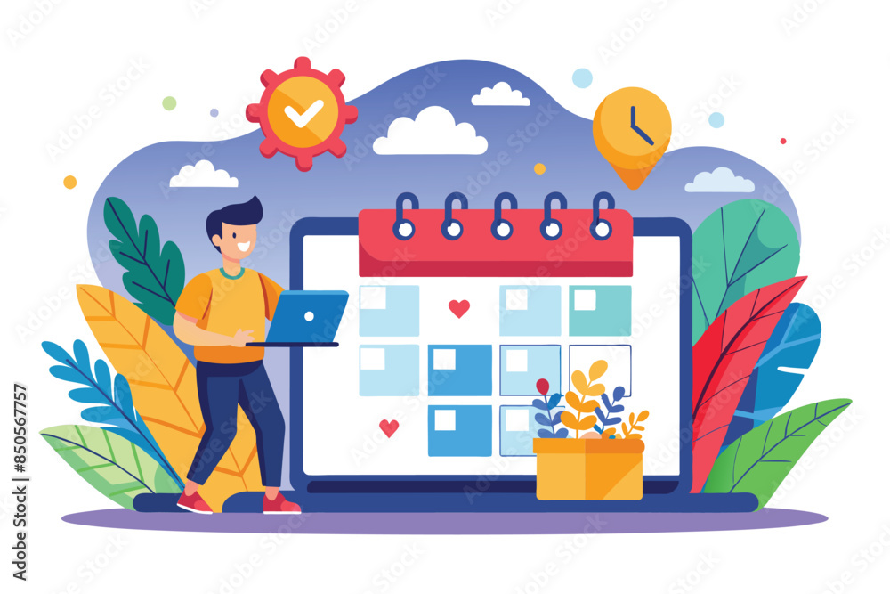 A cartoon illustration of a man customizing an online calendar with a laptop, Online calendar Customizable Cartoon Illustration A cartoon illustration of a man customizing an online calendar with a laptop, Online calendar Customizable Cartoon Illustration