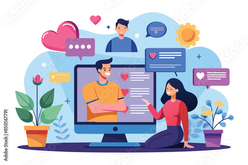 Flat illustration of a woman using a computer to find love on an online dating website, Online dating Customizable Flat Illustration