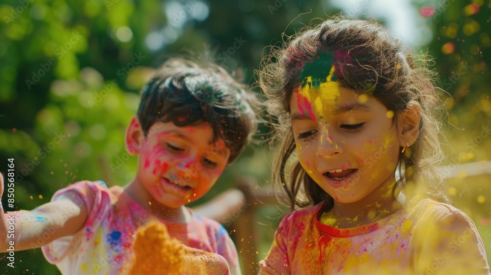 Two kids having fun with colorful powder, great for parties or celebrations Two kids having fun with colorful powder, great for parties or celebrations