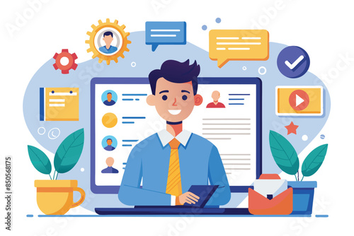 Flat illustration of a man working on his online resume using a computer, Online resume Customizable Flat Illustration