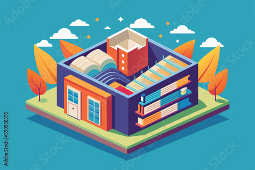 An isometric illustration of a library building with an open book on the roof and stacks of books inside, Opened Customizable Semi Flat Illustration