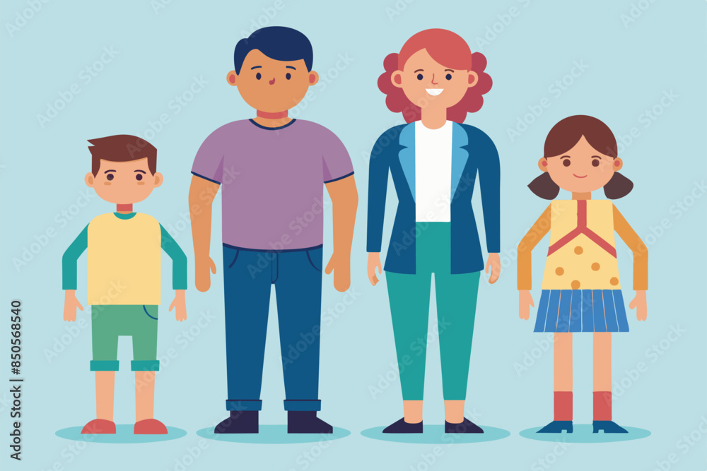 An illustration of a family of four, showcasing a customizable feature where the body sizes are disproportionate, Parents Customizable Disproportionate Illustration An illustration of a family of four, showcasing a customizable feature where the body sizes are disproportionate, Parents Customizable Disproportionate Illustration