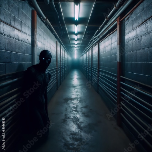 A dark figure lurking in the shadows of a creepy hallway photo