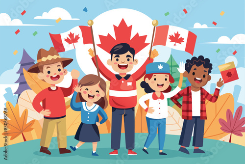 A cartoon illustration of children celebrating Canada Day with Canadian flags, People celebrating canada day Customizable Cartoon Illustration