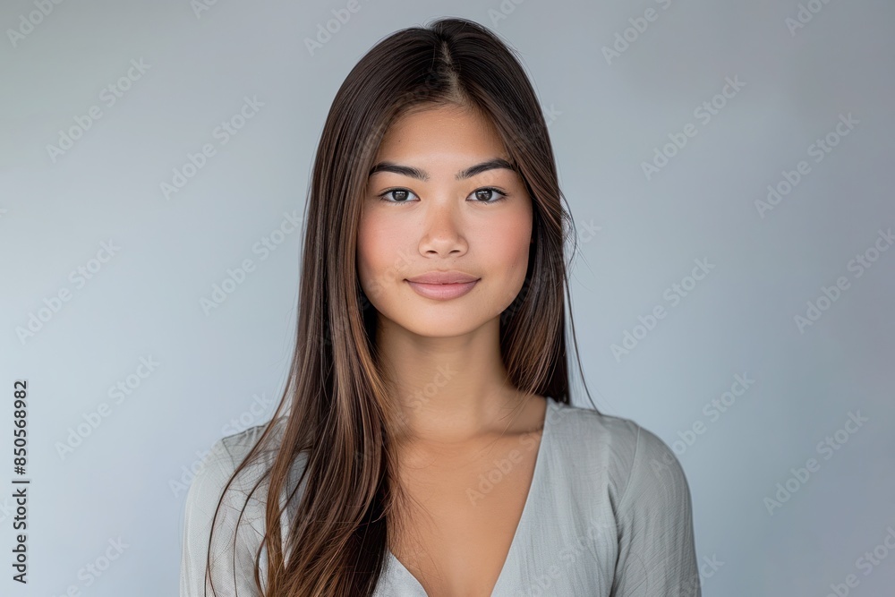 A young woman with long, straight, dark hair poses against a neutral background, wearing a light grey top A young woman with long, straight, dark hair poses against a neutral background, wearing a light grey top