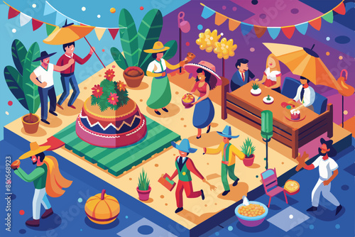 An illustration of people celebrating Cinco De Mayo with festive decorations and traditional food, People celebrating cinco de mayo Customizable Isometric Illustration