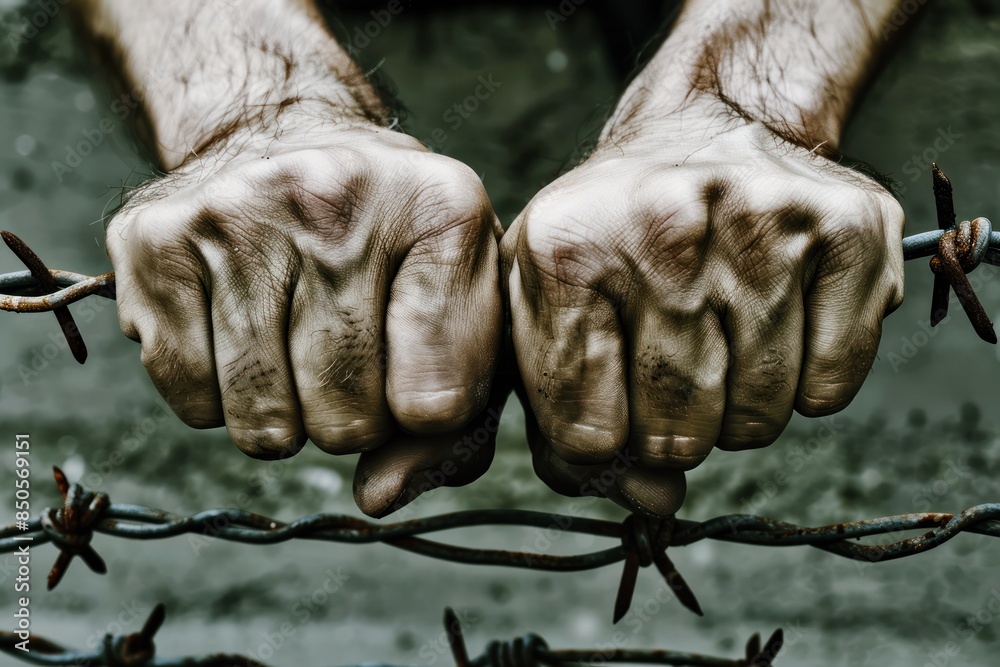 Close-Up of Dirty Hands Clenching Barbed Wire - Concept of Struggle and Confinement Close-Up of Dirty Hands Clenching Barbed Wire - Concept of Struggle and Confinement