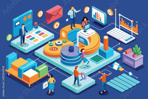 Isometric illustration of business performance overview with data points, graphs, charts, and people interacting, Performance overview Customizable Isometric Illustration