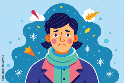 A person with a cold is illustrated with a sad expression, Person with a cold Customizable Disproportionate Illustration