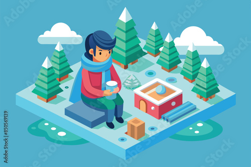 Isometric illustration of a person with a cold sitting on a snowy platform, surrounded by trees and a small house, Person with a cold Customizable Isometric Illustration