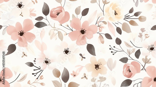 Charming hand-drawn flora in soft pastel light pink, cream, and brown, seamless pattern