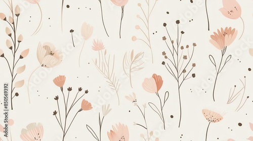 Charming hand-drawn flora in soft pastel light pink, cream, and brown, seamless pattern