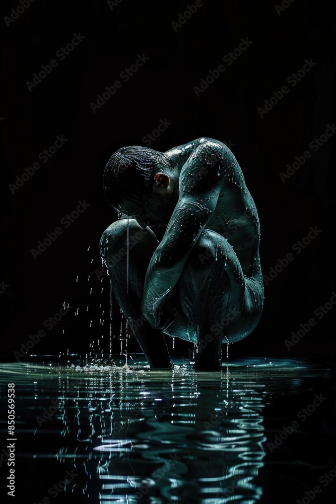 Naklejka premium A man kneels in the water, his head submerged