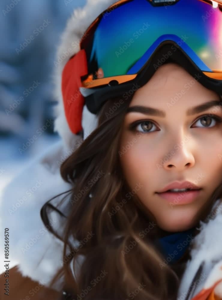 Close-up Portrait of a Woman in Winter Gear with Reflective Ski Goggles Close-up Portrait of a Woman in Winter Gear with Reflective Ski Goggles