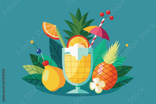 A colorful illustration of a Pina Colada cocktail surrounded by tropical fruits and foliage, Pina colada Customizable Disproportionate Illustration