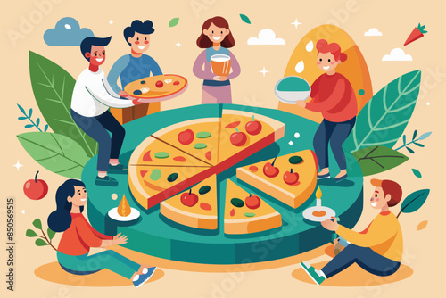 Illustration of six friends sharing a delicious pizza, Pizza sharing Customizable Flat Illustration