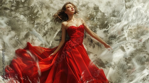 A woman posing in a red dress, great for editorial or commercial use