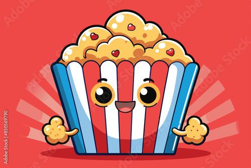 A cartoon popcorn bucket with red stripes and hearts on the popcorn, Popcorns Customizable Cartoon Illustration